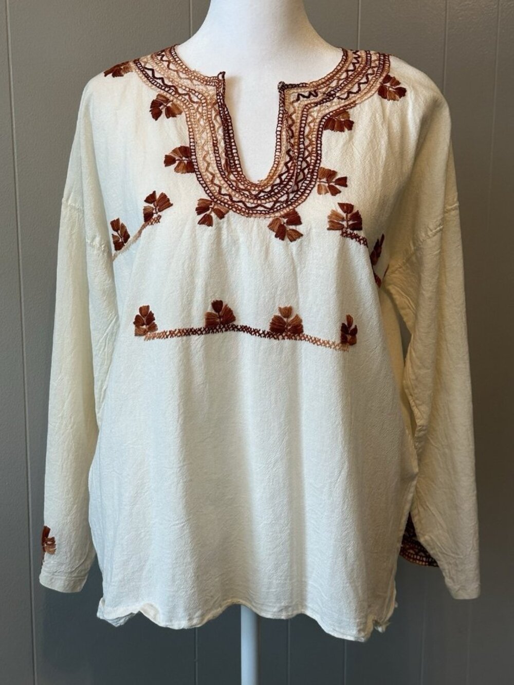 Embroidered Ivory Linen Tunic Fall Colors Boho Handmade Stitched Womens Large